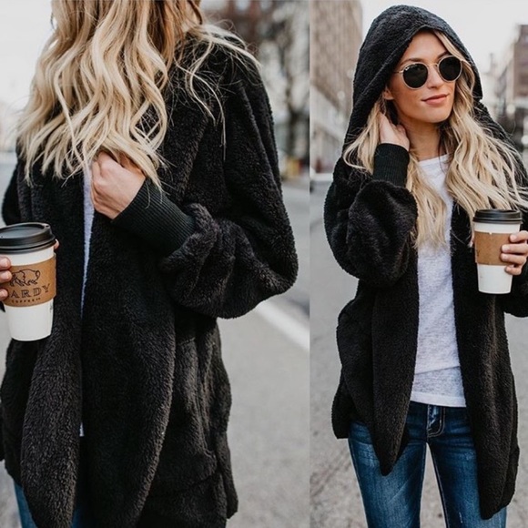 Black Super Soft Cozy Pocket Hood Sherpa Lightweight Teddy Coat Thin Cardigan - Picture 2 of 8